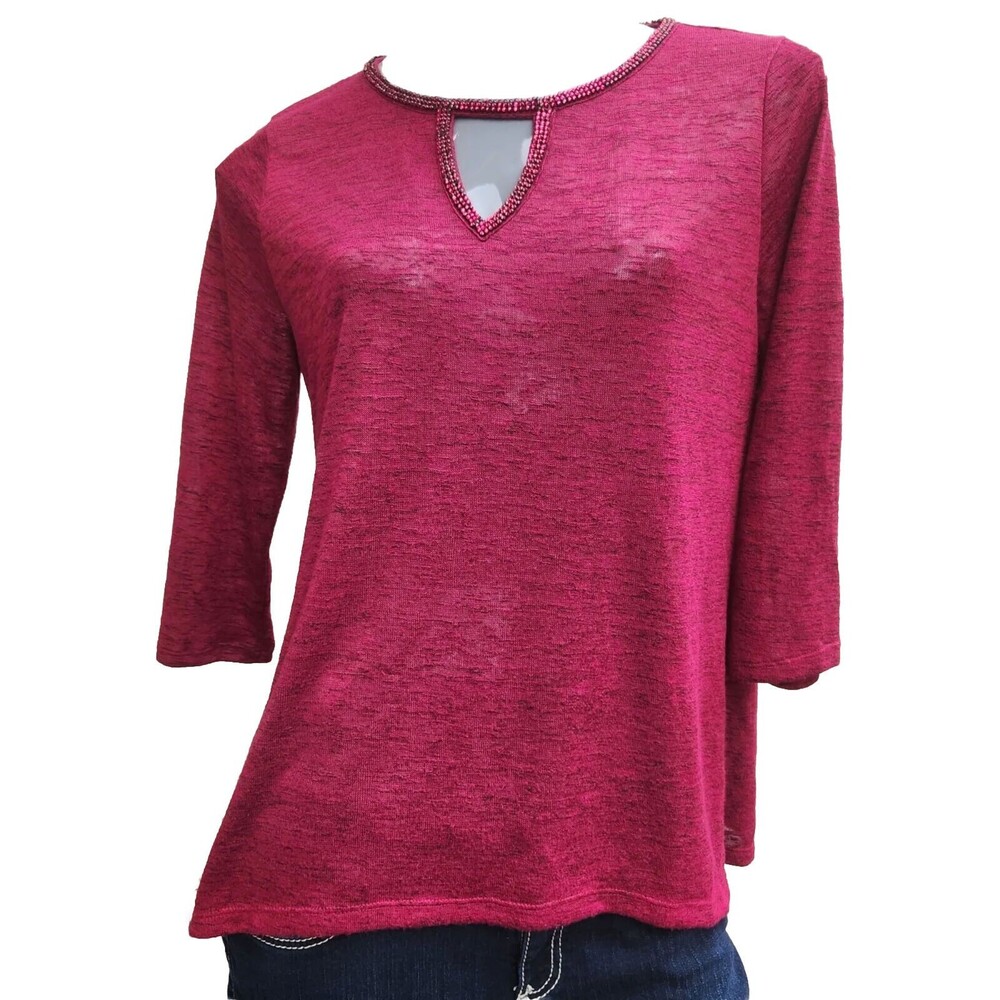 Juicy Couture burgundy womens size L 3/4 Sleeve Beaded peek a boo neckline